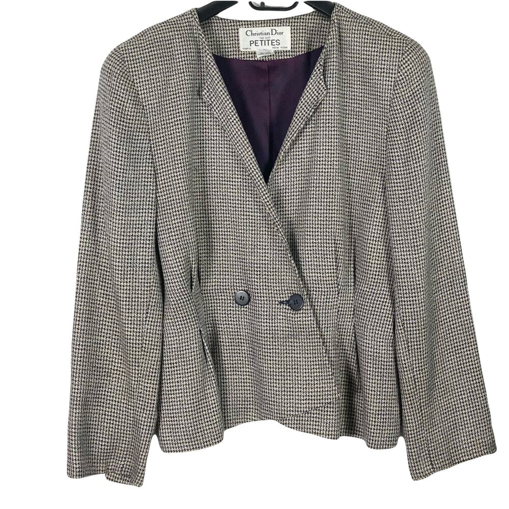 Vintage CHRISTIAN DIOR Blazer 12 Petites Houndstooth Black White Pleated 2-Buttn